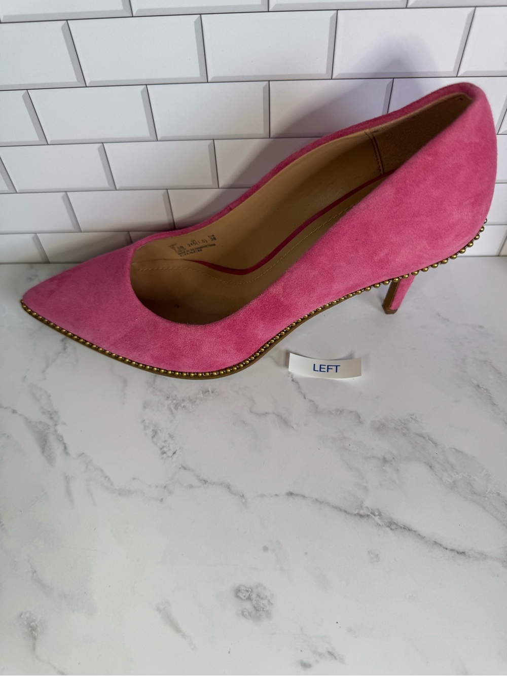 COACH Pink Suede Pointed Toe Pumps with Brass Studded Trim. - Picture 4 of 12